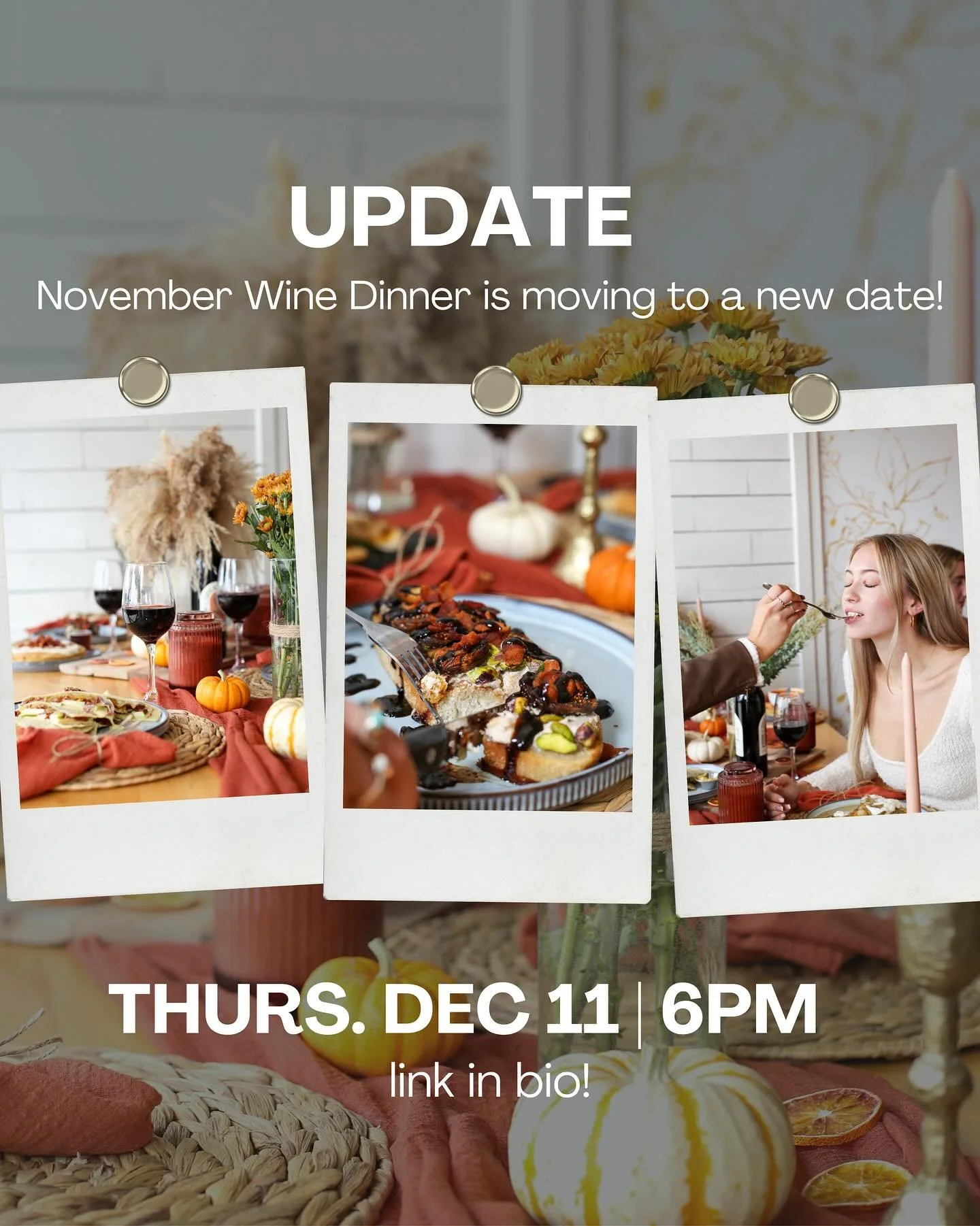 A little shift in the stars ✨ Our November Wine Dinner is moving to Thursday, December 11 at 6PM!

The curated fall menu and wine pairings remain the same! If you had a reservation for Nov 13, we&rsquo;ve reached out to make sure you&rsquo;re taken c