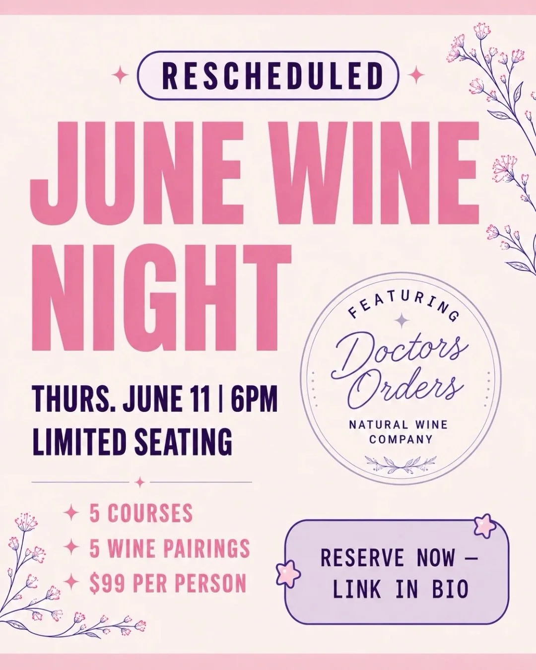 NEW DATE, SAME WINE NIGHT 🤍

Our May Wine Night has officially been rescheduled and is now happening Thursday, June 11th.

Same menu, same wines, same cozy Little Lion dinner party energy. 

Join us for 5 courses + 5 wine pairings featuring Doctors 
