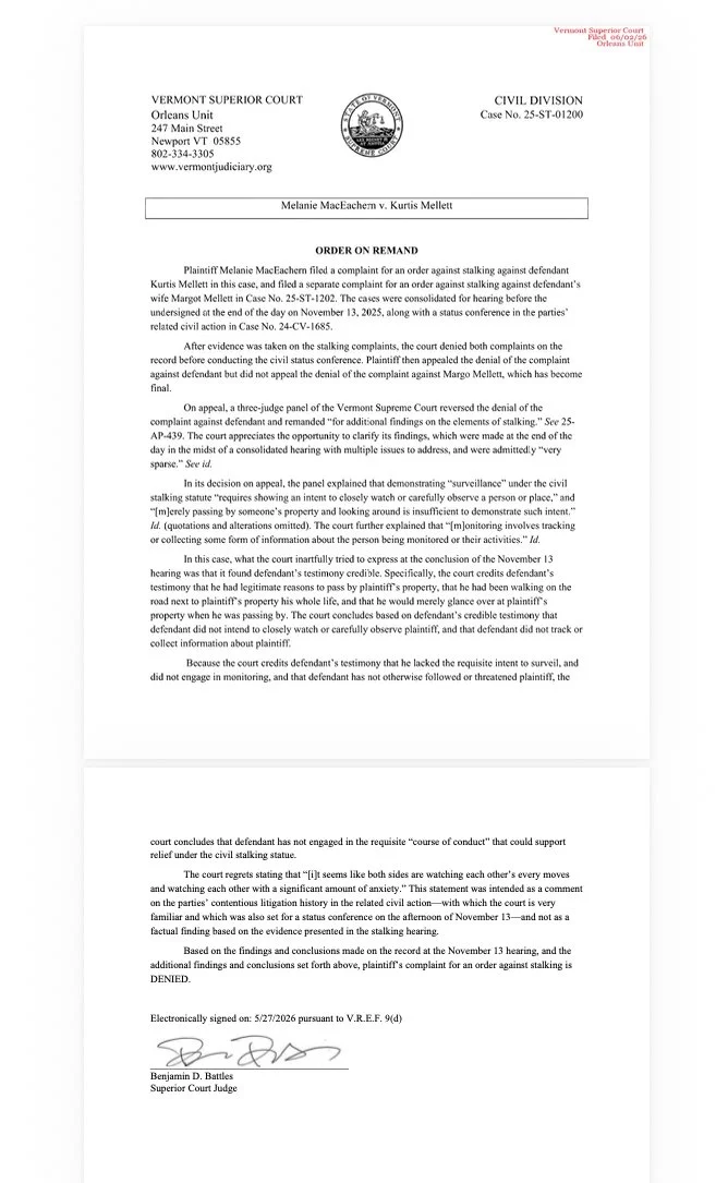 Vermont Superior Court order denying the stalking complaint against Kurtis Mellett, May 27, 2026