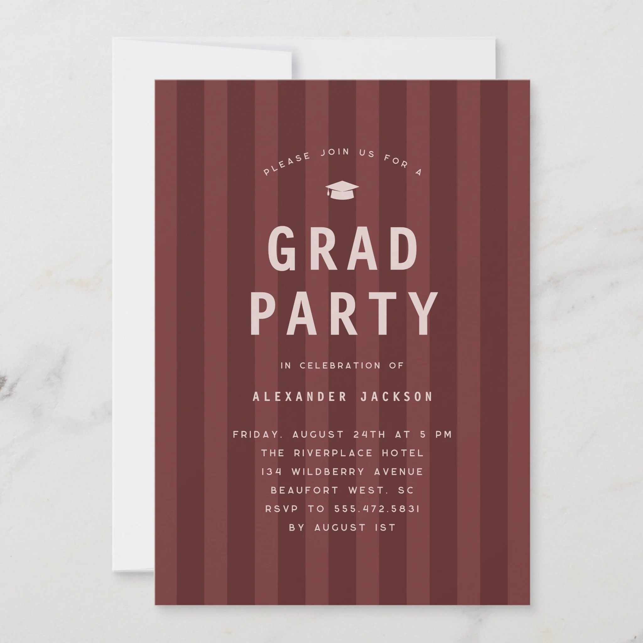 Modern Maroon Sporty Stripes Graduation Party Invitation