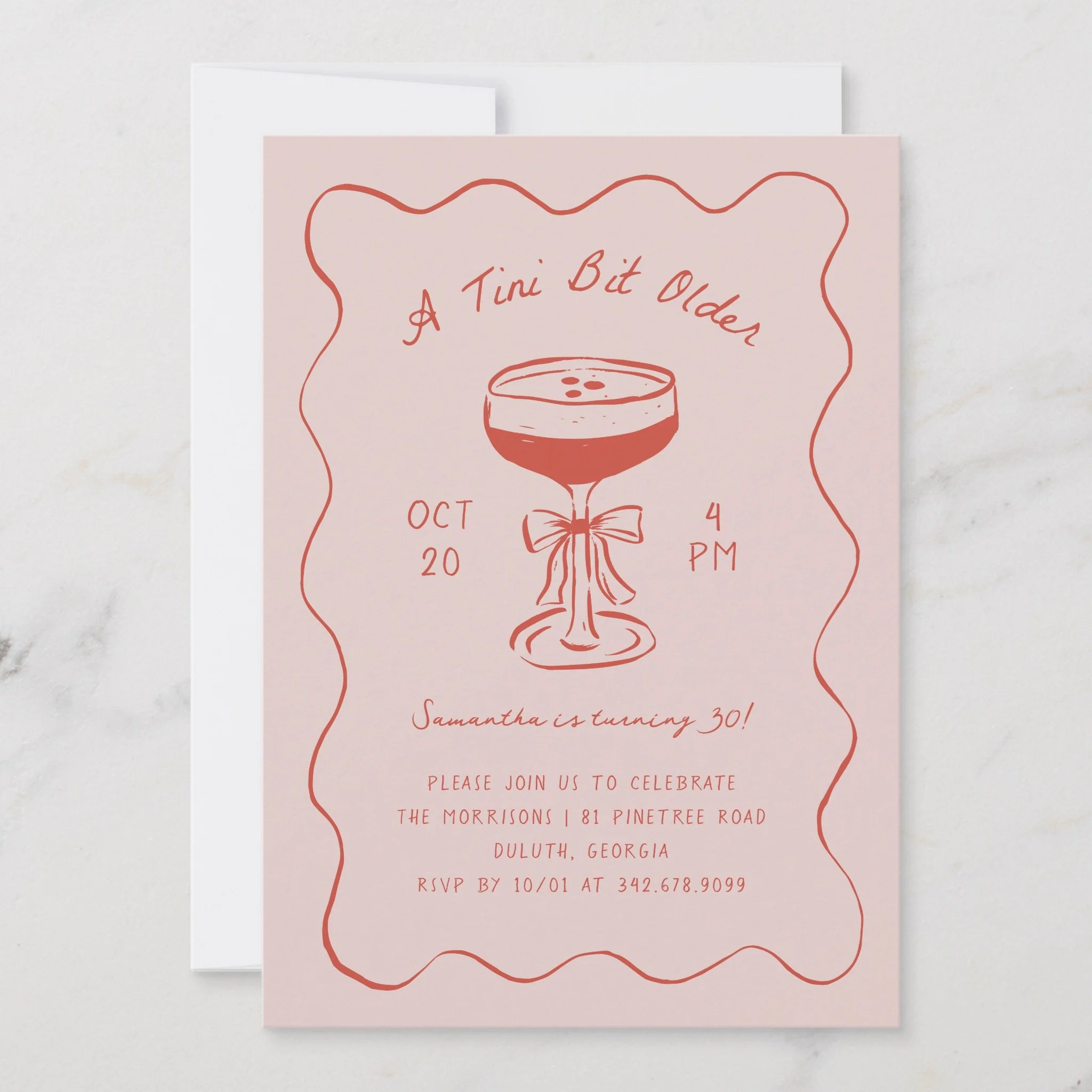 Tini Bit Older Espresso Martini Birthday Party Invitation with pink and red colours