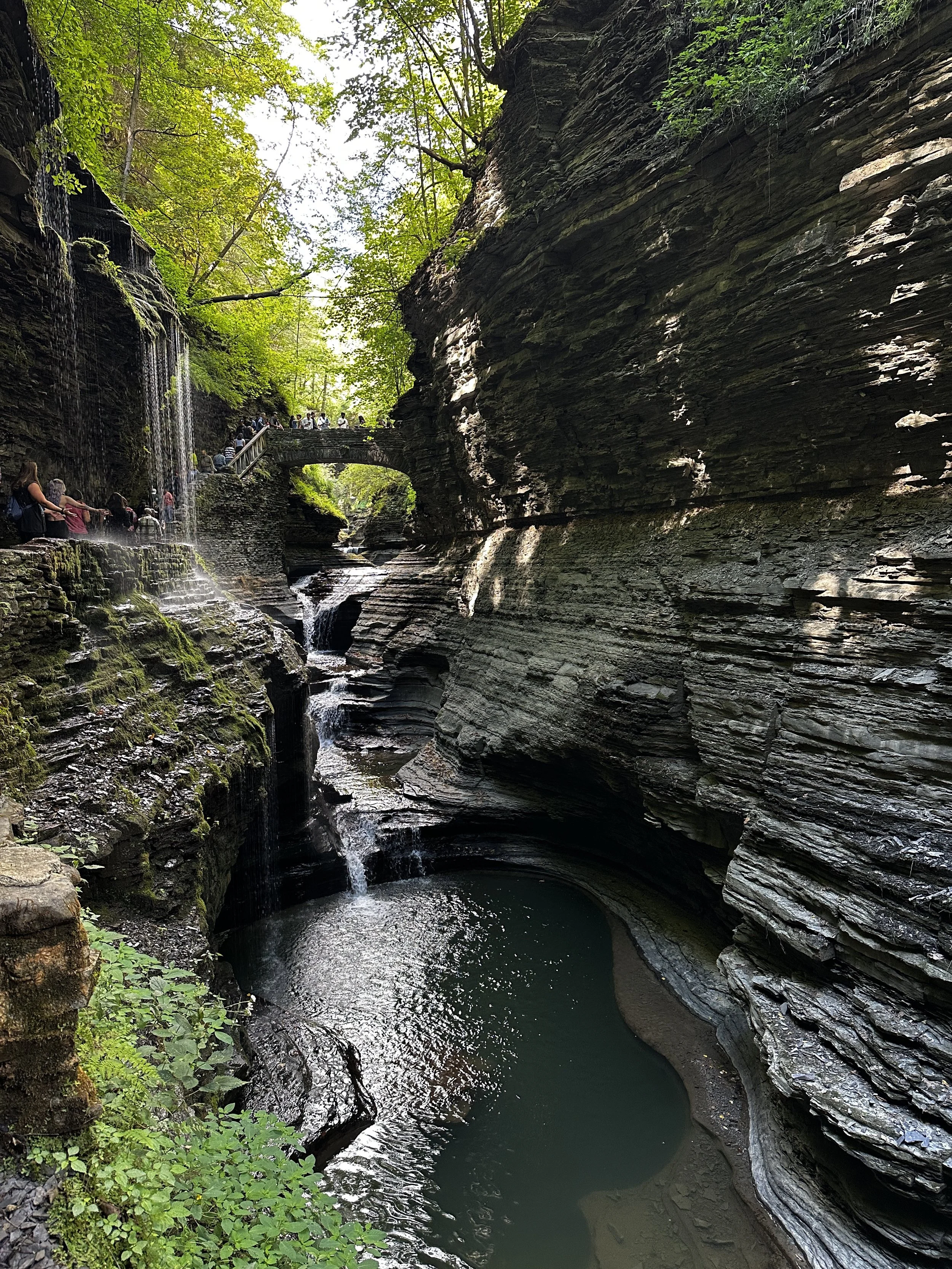 A narrow canyon with layered rock walls and a small waterfall flowing into a pool of water at the bottom. A bridge and a group of people are visible near the top of the canyon, surrounded by lush green trees.