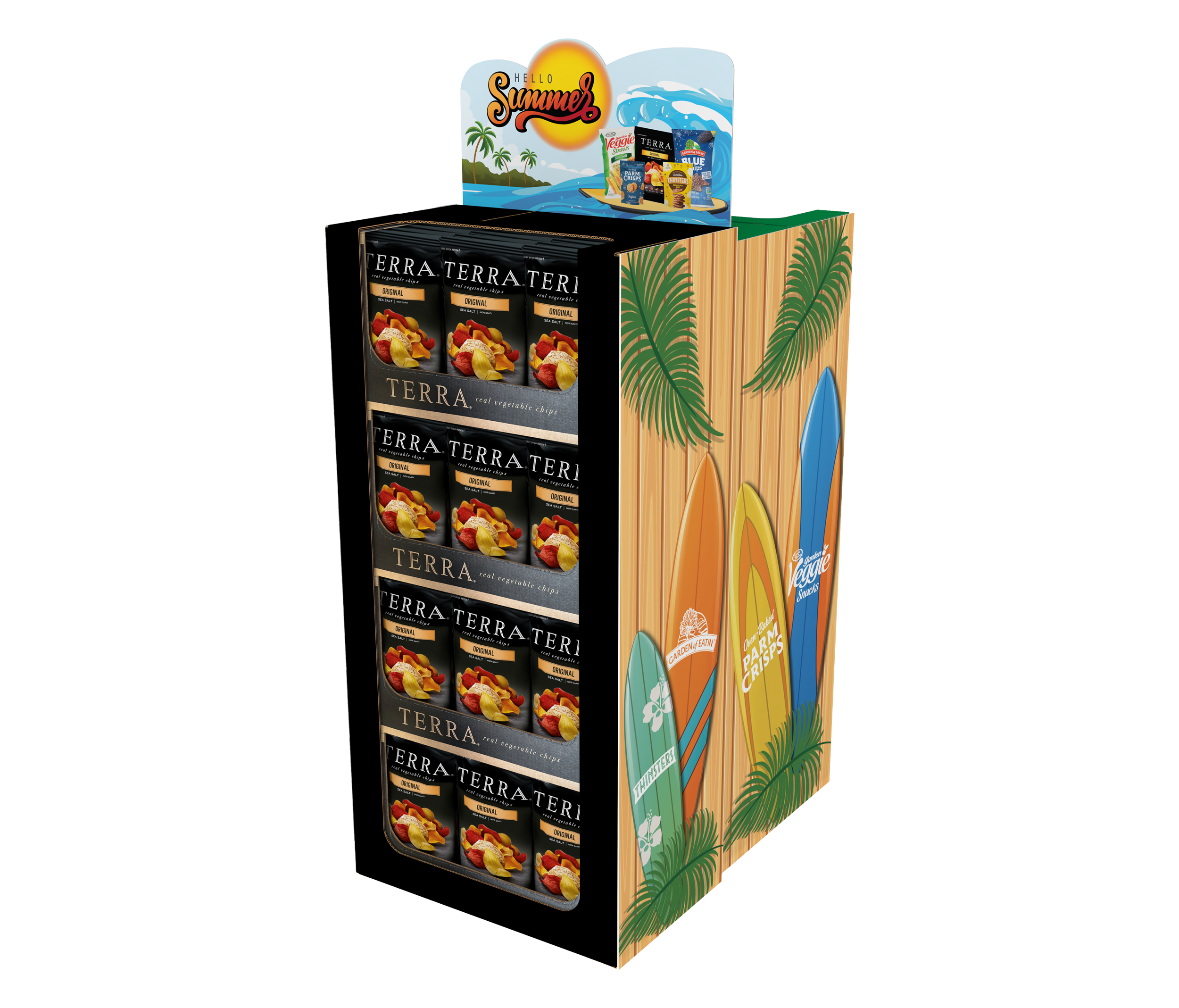 Concept A: Single case stacker hutch with header and optional SBS graphic panels.