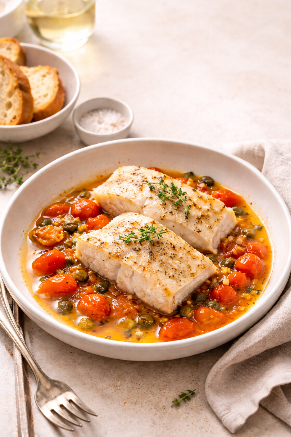 Slow-Roasted Halibut with Burst Tomatoes &amp; Capers