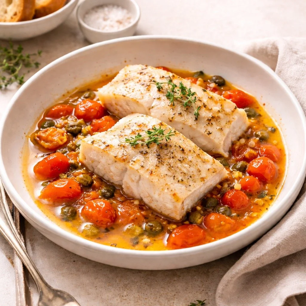 There&rsquo;s something effortlessly elegant about a dish that feels restaurant-worthy but comes together in one pot. This slow-roasted halibut is exactly that&mdash;tender, buttery fish nestled into a garlicky tomato and caper sauce that practically