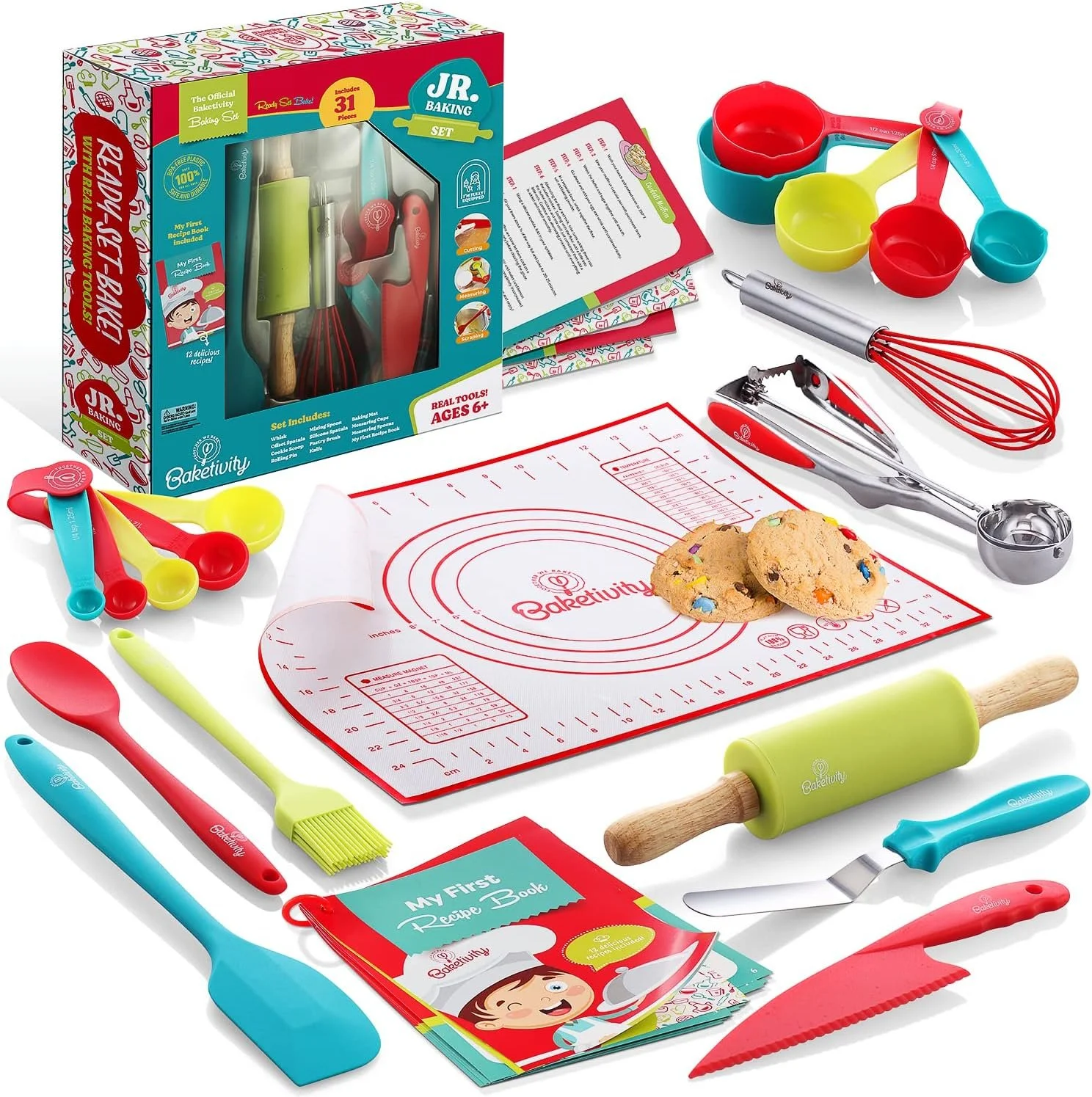 This 31-piece kids’ baking set includes a whisk, rolling pin, cookie scoop, spatulas, measuring cups, and more — all perfectly sized for children to bake safely and confidently with real food.