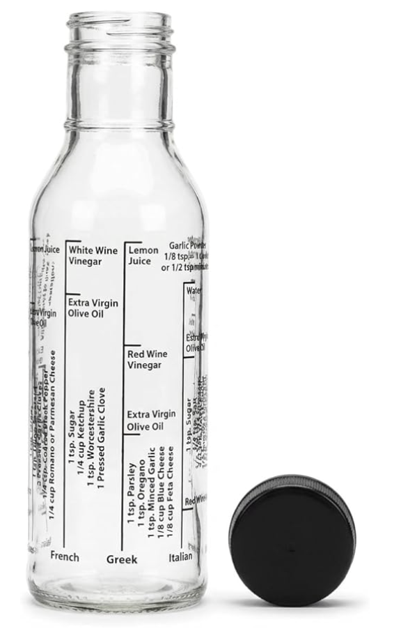Make fresh, homemade dressings with minimal effort. Use this bottle to measure, mix, serve, and store. Includes eight classic recipes like Caesar, Italian, and vinaigrette. Durable glass won’t absorb flavors, and the airtight cap keeps contents fresh