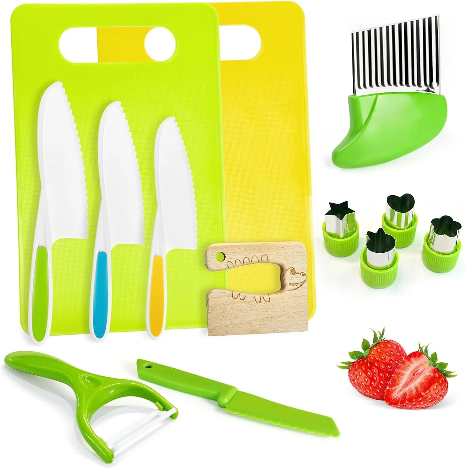 These Montessori kitchen toys enable kids to practice cutting in the kitchen without the risk of hurting or poking themselves. 