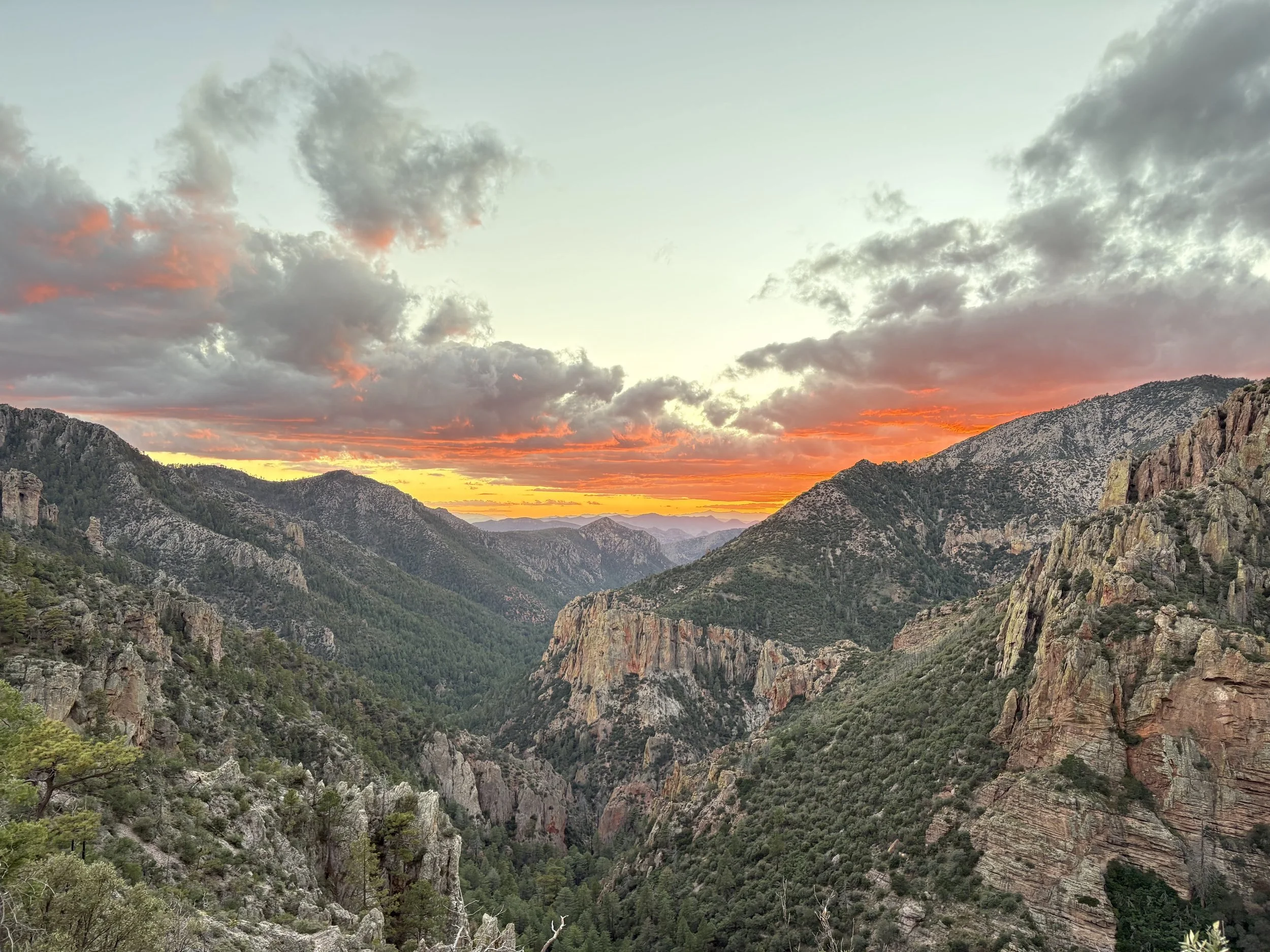 A scenic view of a mountain valley during sunset with colorful clouds, rugged rocky mountains, and lush green forests.