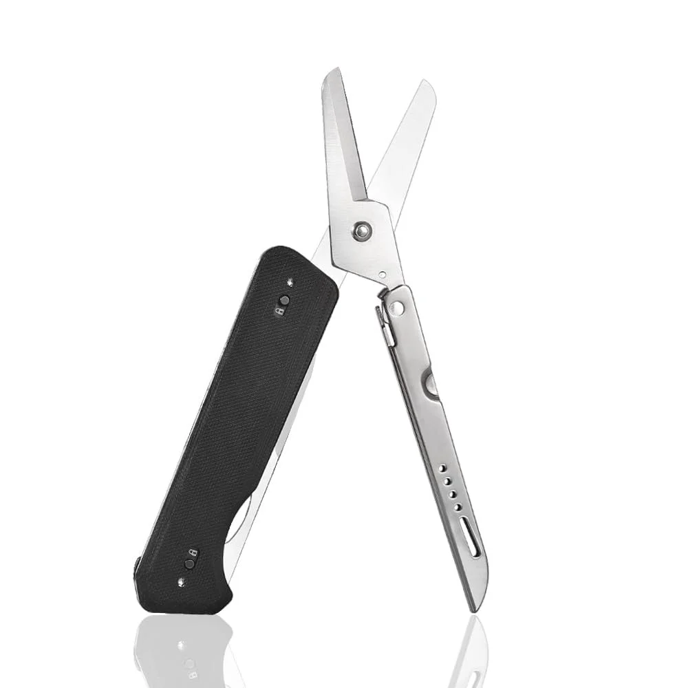 A folding pocket knife with a black handle and silver blades, partially open, leaning against a second knife with multiple small holes and a silver handle.
