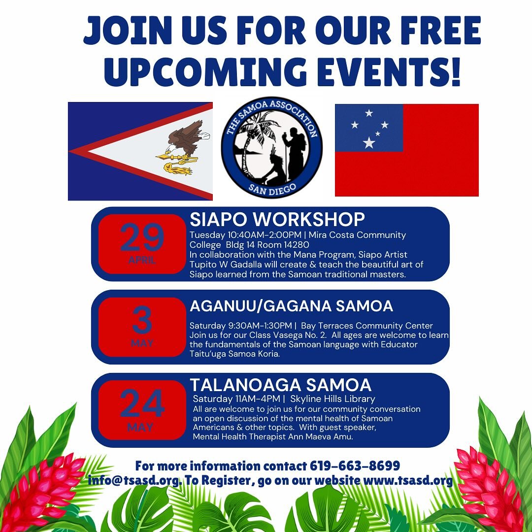 Save the Dates 🙌🏽🌺

Learn and celebrate our beautiful Samoan culture in our upcoming events! Join us for our Siapo Class, Aganuu/Gagana Language Class, and Talanoaga &ndash; Community Conversations event.

🔗 Sign up through our Linktree in the bi