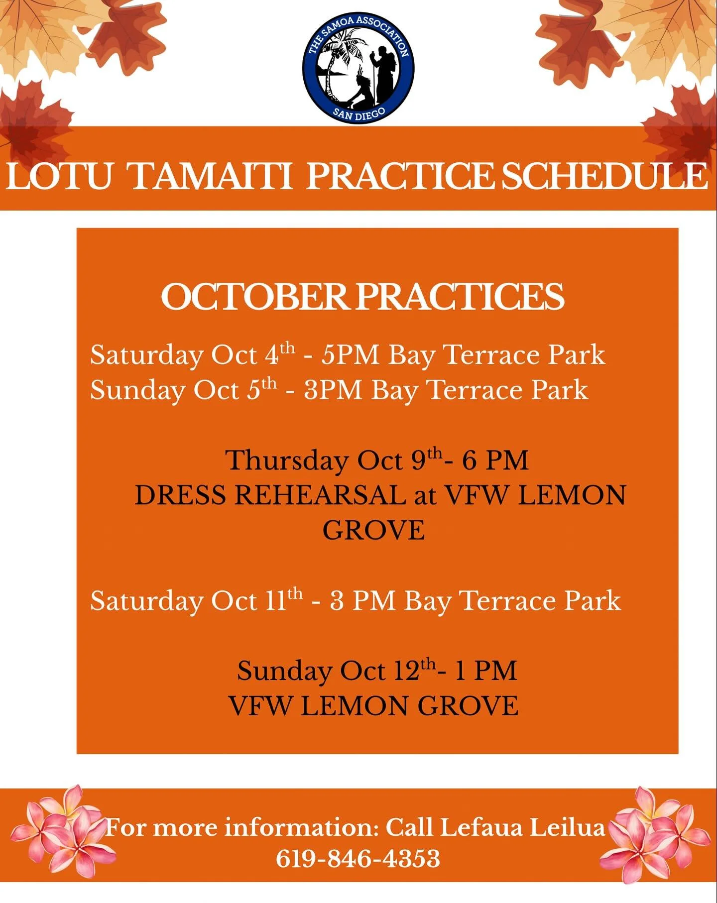 Auoi, it is now October 1st 🤩the countdown to White Sunday starts now!! Parents and participants please note our times for the next upcoming Lotu Tamaiti practices!🍂🧡