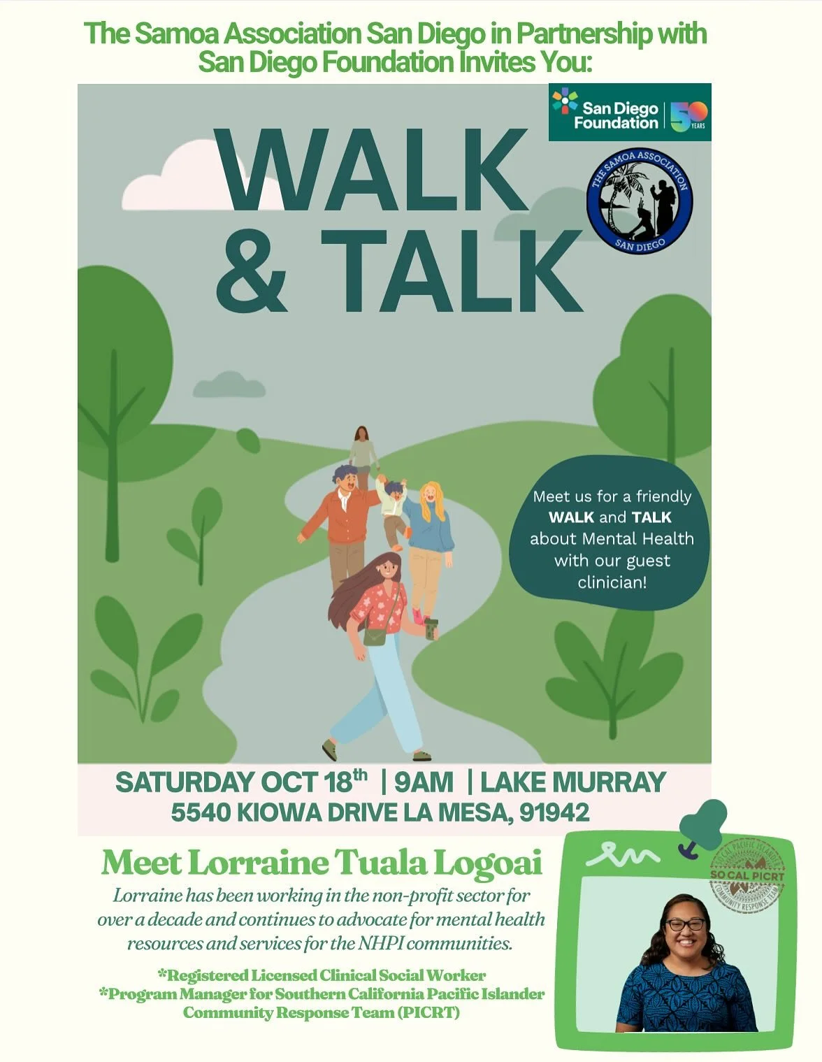 We&rsquo;re back with another Walk and Talk Saturday October 18th! 🙌🏽

Join us as we take a community walk at Lake Murray and listen to our guest clinician Lorraine Tuala Logoai with SoCal PICRT 🌺🧡

This program was made possible thanks to grant 