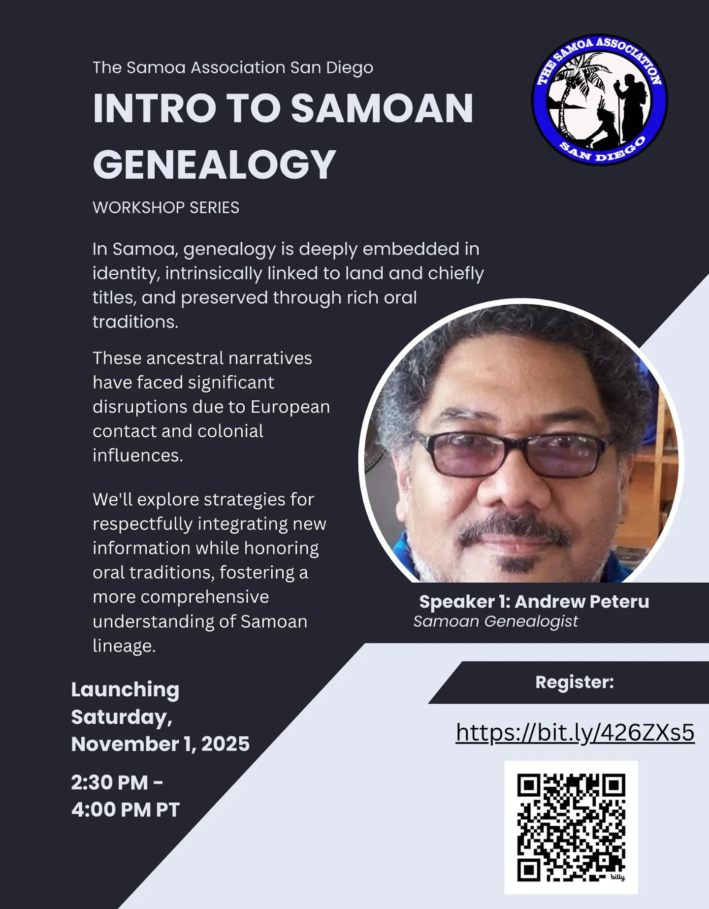 Join us for the first of our 8-part Intro to Samoan Genealogy Workshop Series!!

🗓️ Saturday, Nov 1, 2025 |📍Shoreline Library 
⏰ 2:30&ndash;4:00 PM PT
🔗 Register here: https://bit.ly/426ZXs5 

Together, we&rsquo;ll explore how genealogy connects u