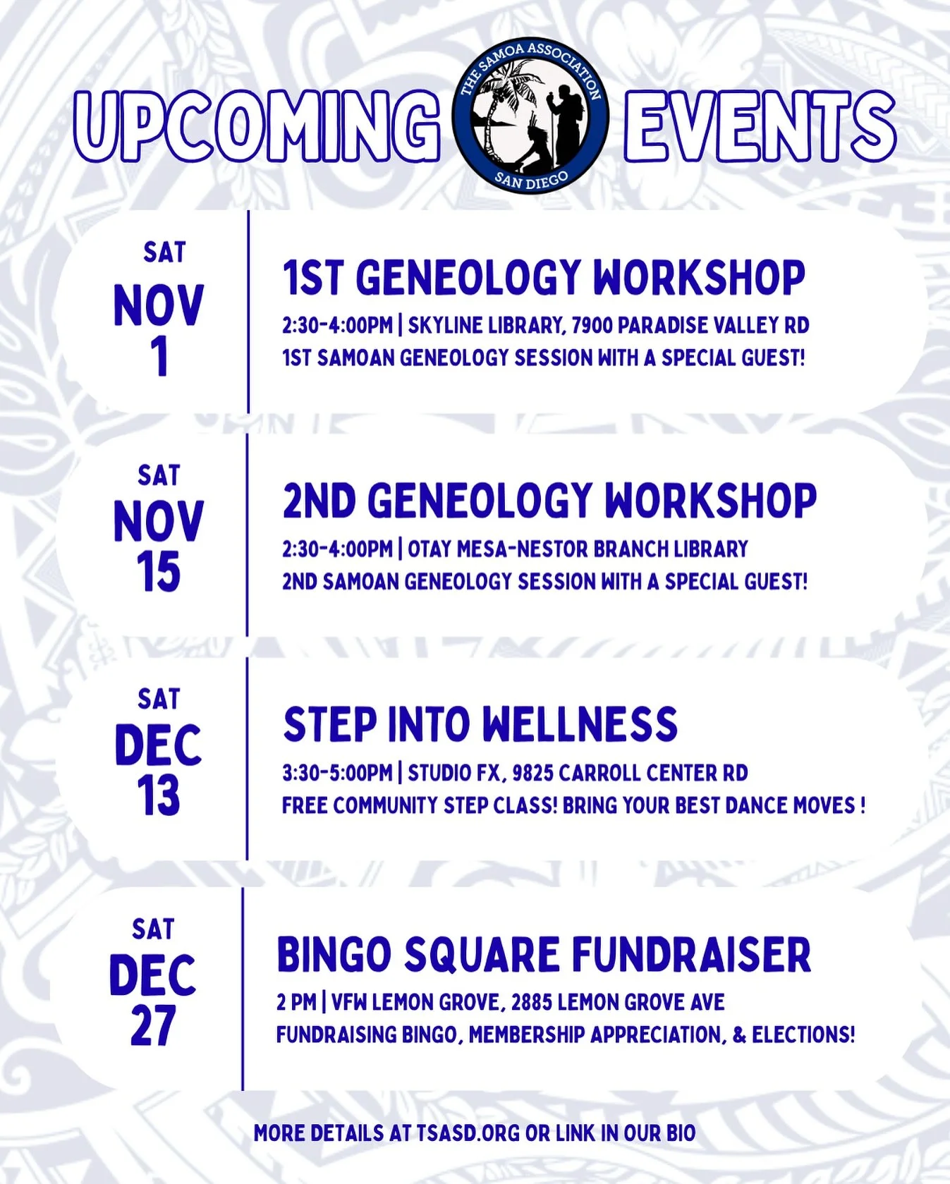 📅 Mark your calendars! We&rsquo;ve got exciting community events coming up &mdash; from genealogy workshops to wellness and fundraising fun! 

🌺 Stay connected and join us in celebrating culture, health, and community. 💫

🔗 Visit tsasd.org or hit