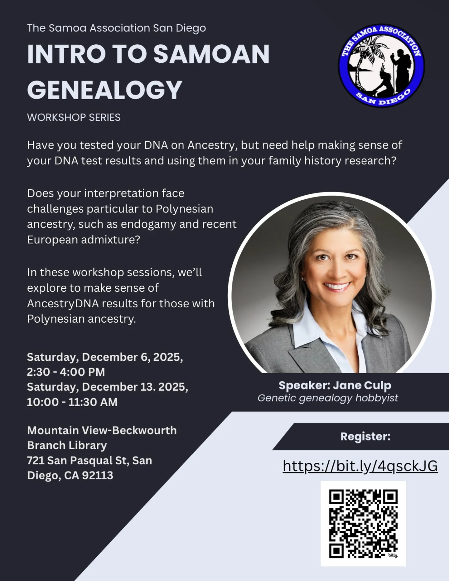 Stay tuned for our next upcoming Sāmoan genealogy workshops with a new featured speaker: Jane Culp ! 

Join us on these next workshops to discuss topics on building family trees, understanding DNA, and using Ancestry tools to uncover your family hist