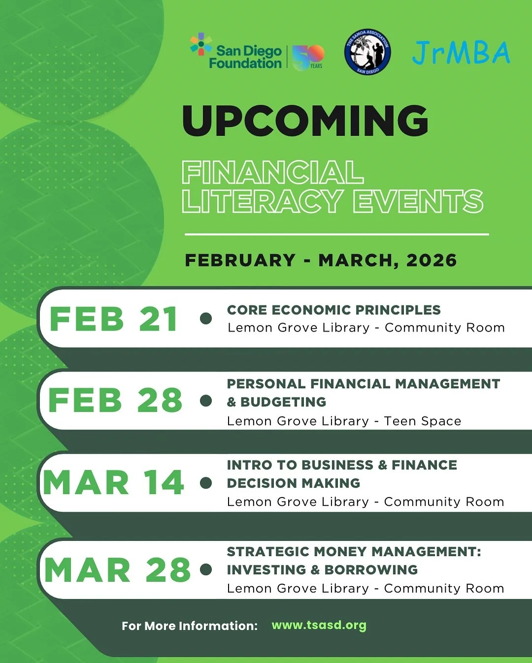 Introducing our Financial Literacy Workshop Series! 📊✨

Join TSASD and Osiris Garcia for our February and March sessions as we build knowledge, confidence, and community around financial empowerment!!

Stay tuned, mark your calendars, and invest in 