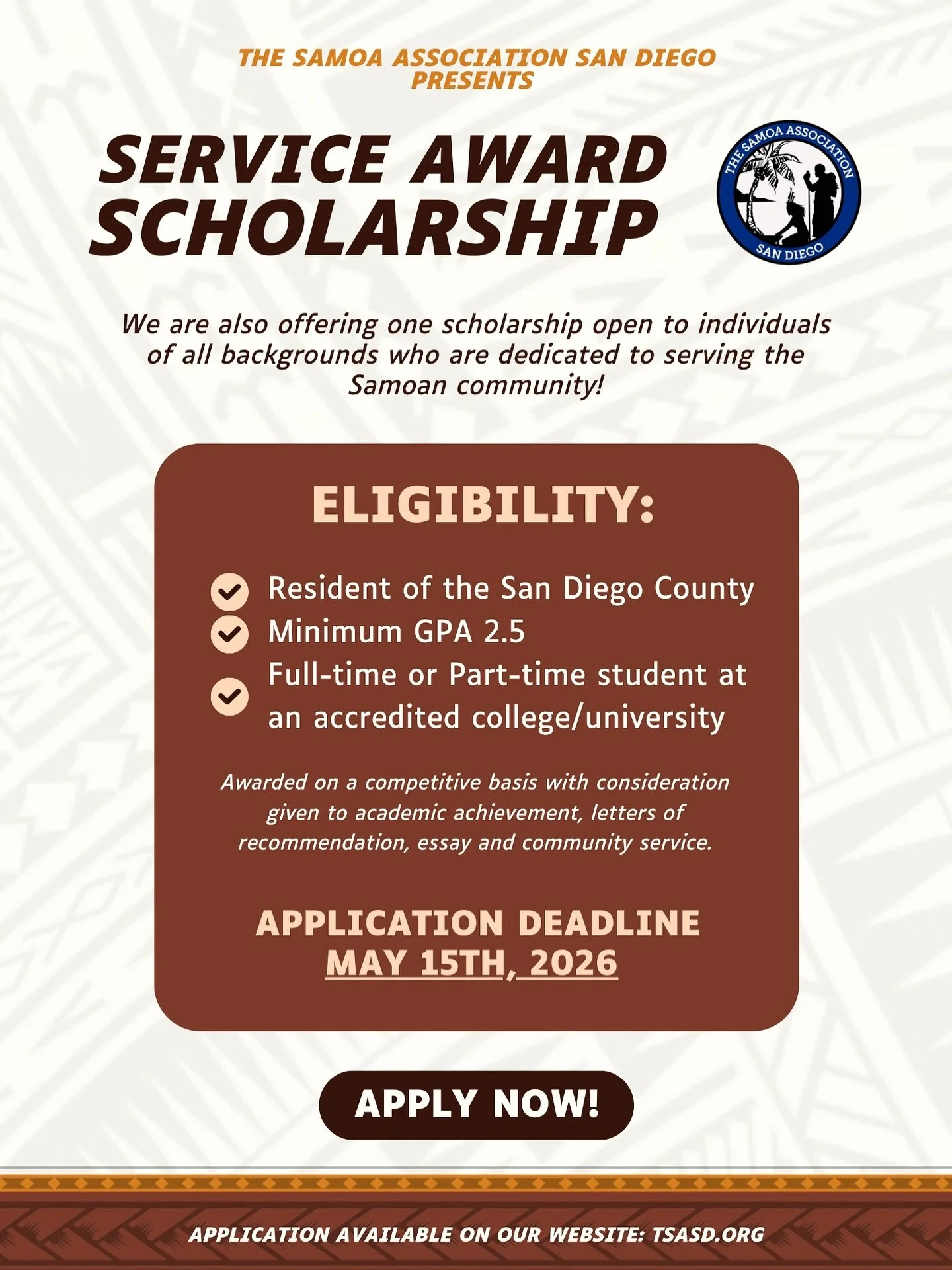 The Samoa Association of San Diego is proud to offer a Service Award Scholarship open to individuals of all backgrounds who are dedicated to serving the Samoan community 🎓

This scholarship recognizes students who demonstrate commitment to education