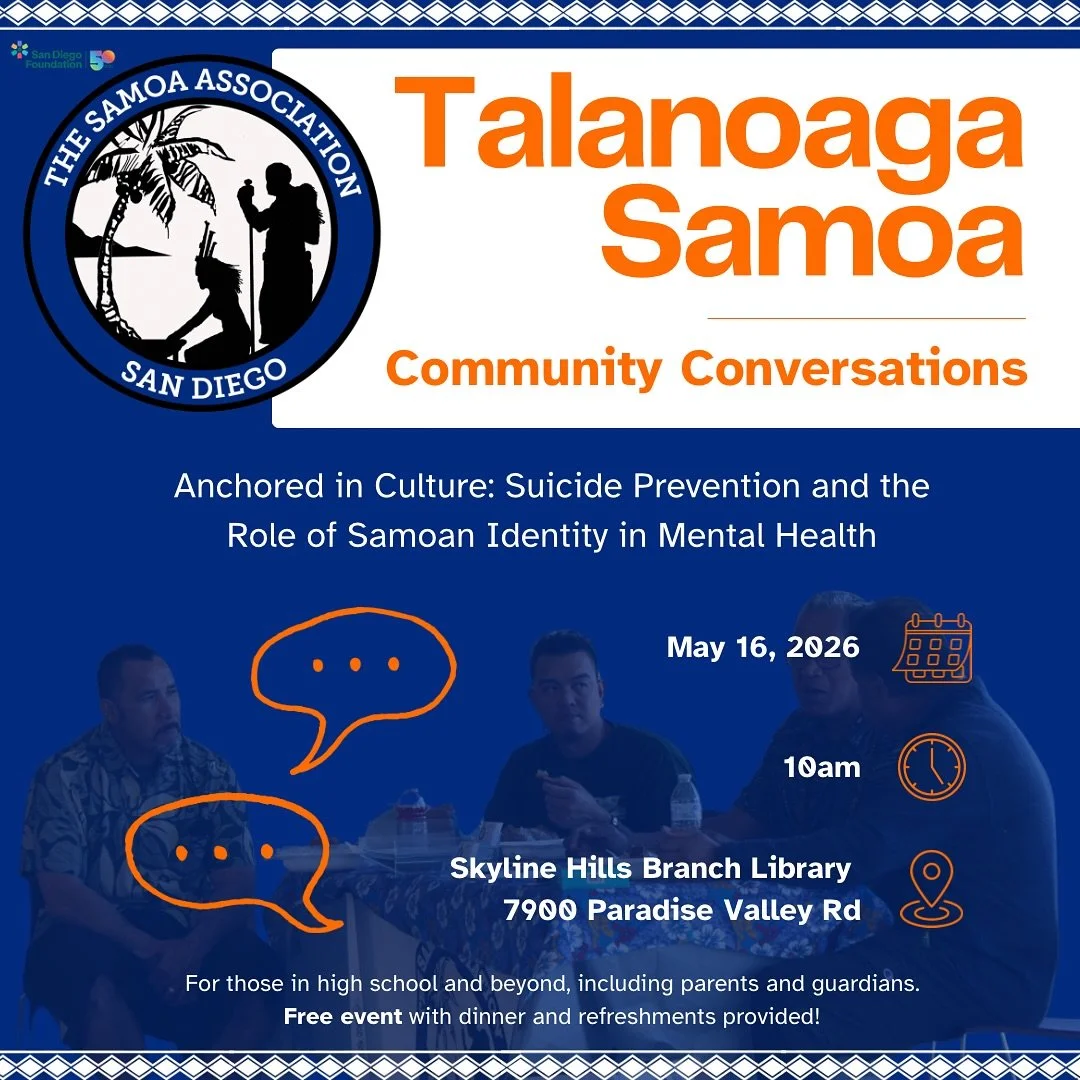 Join us for Anchored in Culture: A Talanoaga Samoa with keynote speaker Dr. Tai Faaleava!

Be part of a powerful conversation on Samoan identity, mental health, and suicide prevention.

📆 May 16 | ⏰ 10 PM

Free event with dinner provided! Open to hi