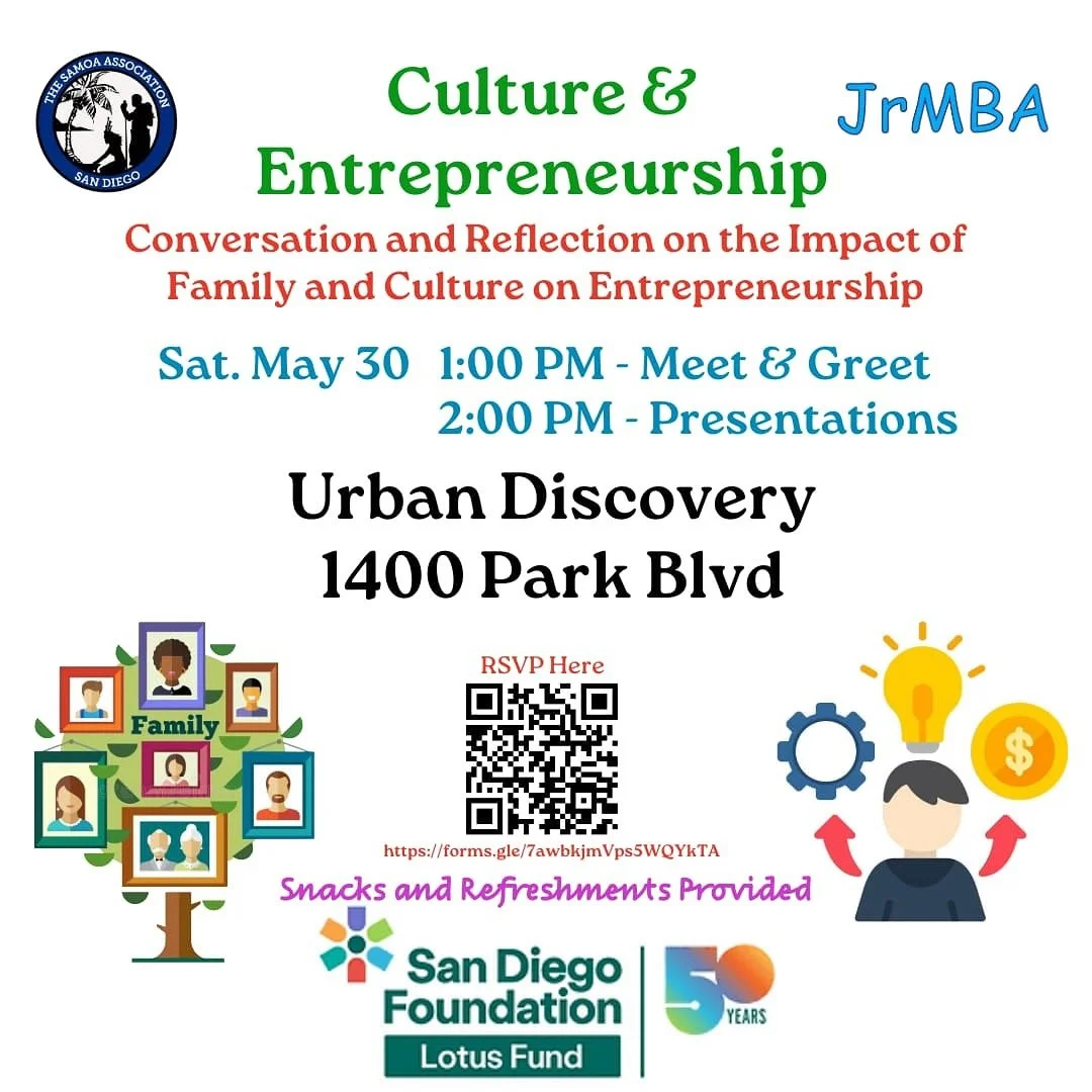 Come connect, reflect, and learn from community voices!

Speakers:

- Mackenzie Faumuina Rubish: Entrepreneurship and Cultural Roots

- Lefaua Leilua: Samoan Culture &amp; Fa&rsquo;alavelave

- Osiris Garcia: Financial Literacy

📅 Saturday, May 30
?