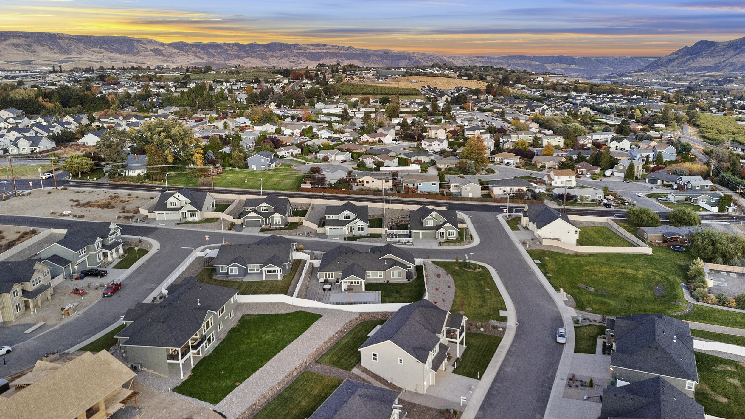 neighborhood with sunset