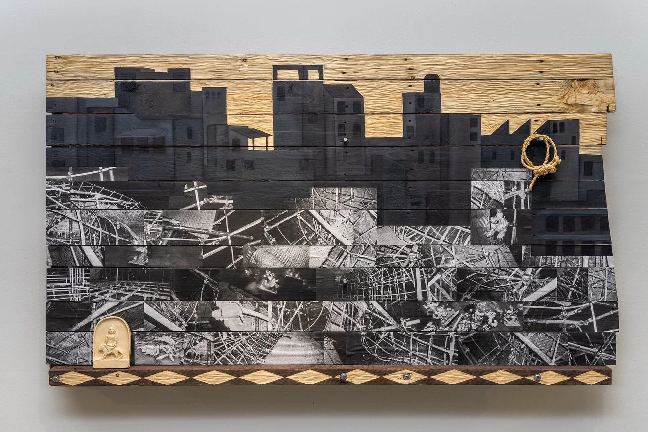 ধারক ও বাহক 𝘥𝘩𝘢𝘳𝘰𝘬 𝘰 𝘣𝘢𝘩𝘰𝘬
(Holder and bearer)(2026)
glazed ceramic, wood, oil paint, risograph prints