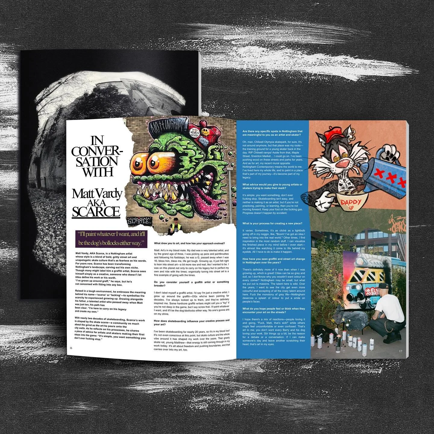 &ldquo;I&rsquo;ll paint whatever I want, and it&rsquo;ll be the dog&rsquo;s bollocks either way.&rdquo; 

Meet Matt Vardy, aka @scarce____xx &mdash; A Nottingham artist shaking up the scene with his gritty street art and skate culture vibe. Raised on