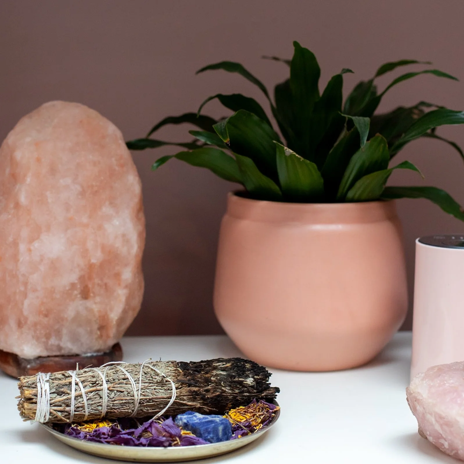 A large salt lamp, a green plant in a pink pot, a white mug, and a plate with sage, flowers, and stones on a white surface.