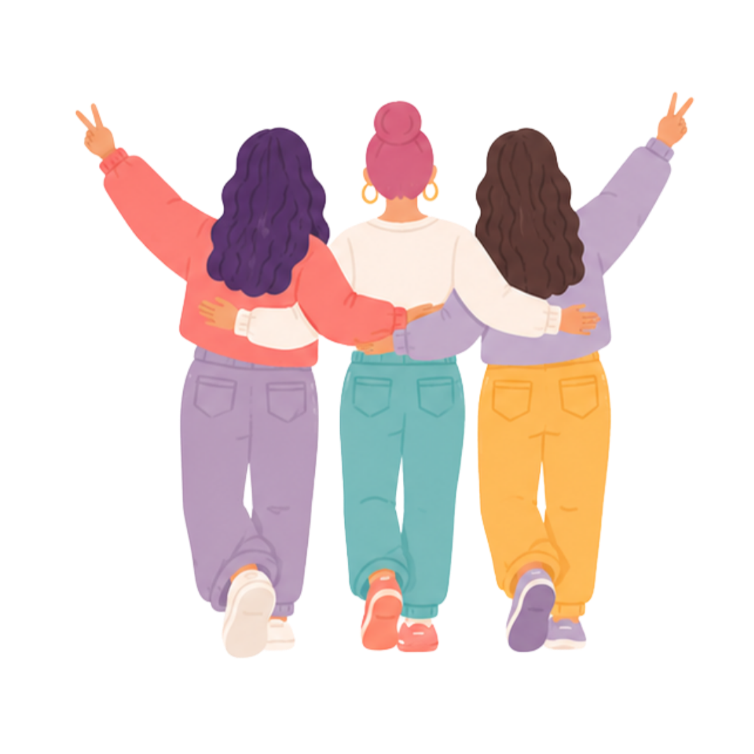 Three women walking with their arms around each other, seen from behind, making peace signs with their hands.