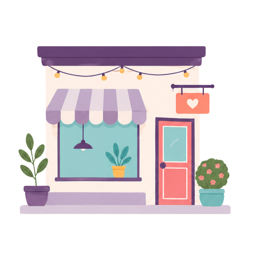 Illustration of a cozy storefront with a purple and white striped awning, string lights hanging above, pink door with a window, and potted plants outside, including a leafy plant in a purple pot and a flowering bush in a teal pot.