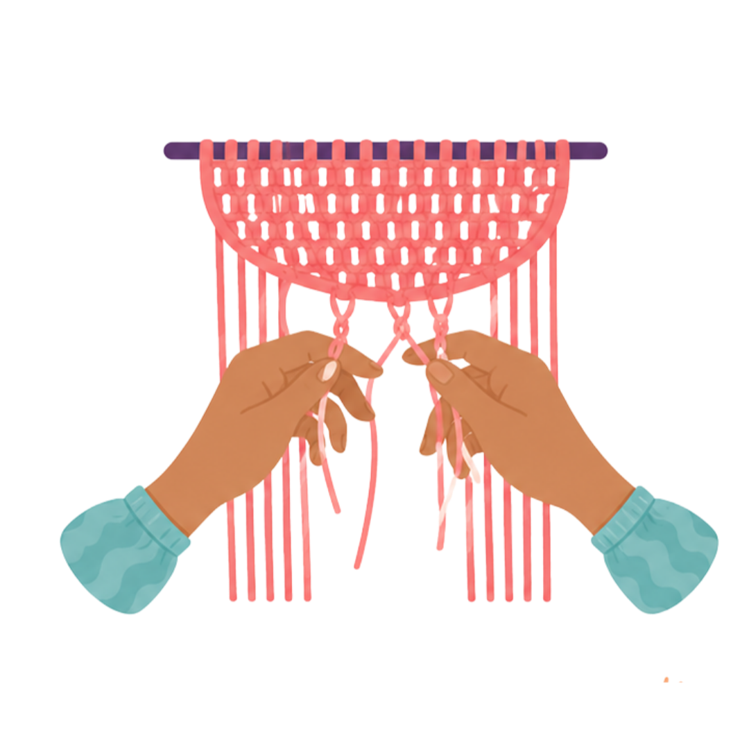 Hands holding pink yarn, knitting a small pink basket with holes.