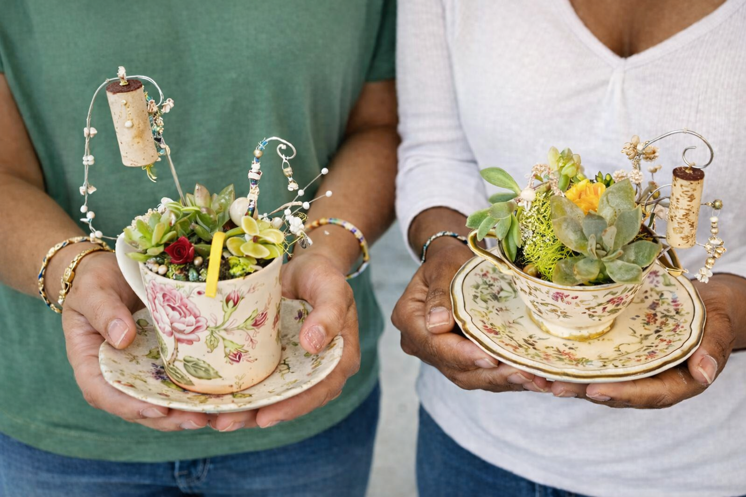 Two people holding vintage teacup succulent planters