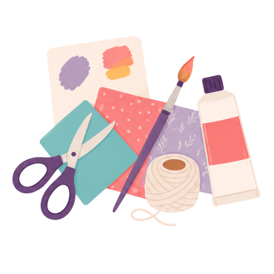 Art supplies including scissors, colored paper, paintbrush, painted paper, yarn spool, and glue