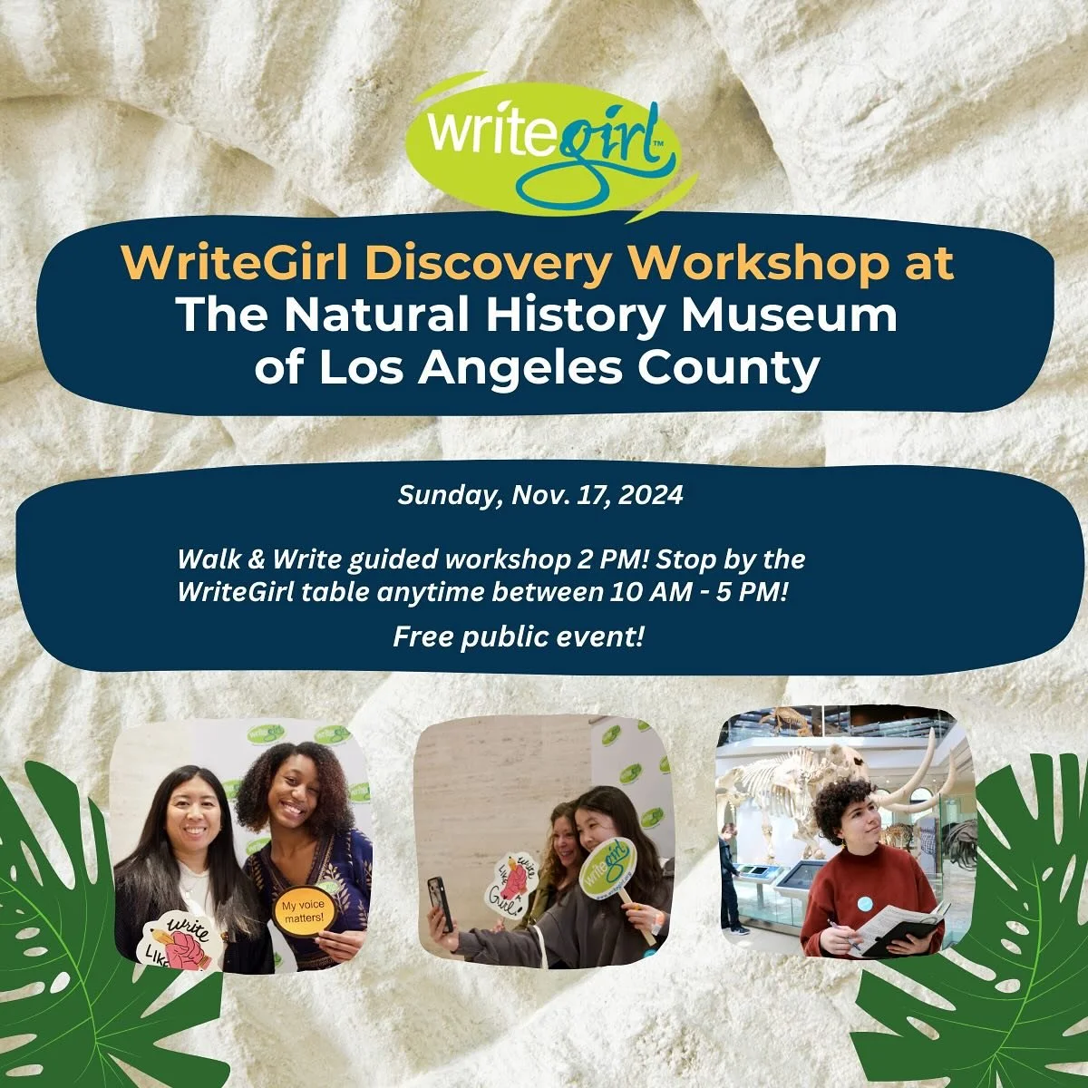 🦕Join us for the WriteGirl Discovery Workshop @NHMLA Commons on Sunday, November 17 to celebrate the opening of the museum&rsquo;s new wing! WriteGirl will be hosting a guided Write &amp; Walk workshop at 2 PM and stop by the WriteGirl table anytime