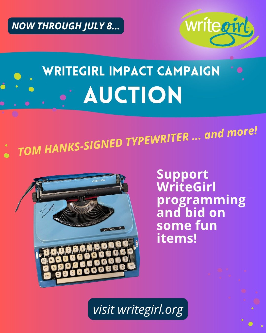 Support the WriteGirl Online Auction and help raise vital funds for WriteGirl programming! Our teens are facing unprecedented challenges and they are more in need of our mentoring services, workshops and college guidance than ever before. 

Join in o
