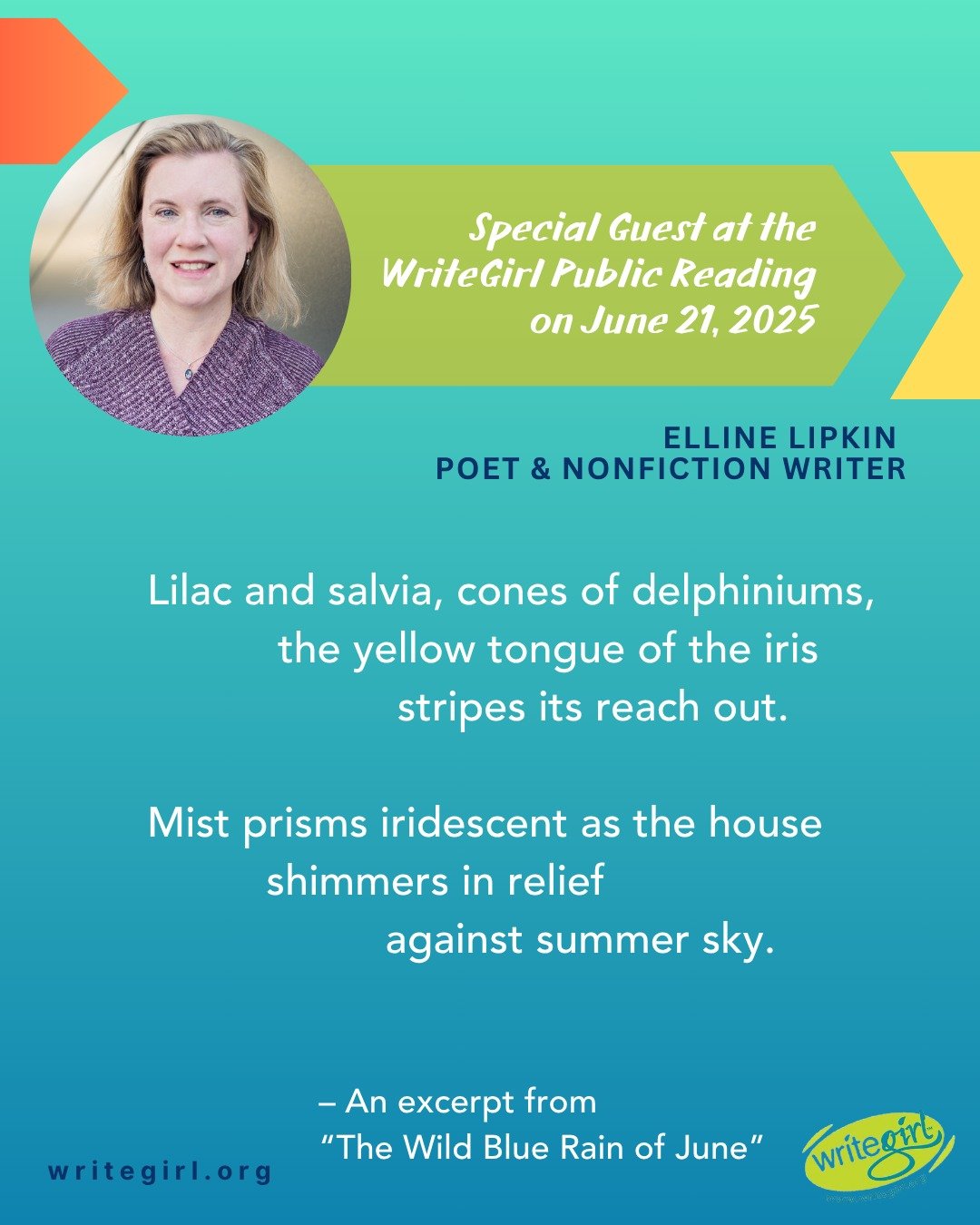 So inspiring to hear from special guest poet Elline Lipkin at our online Public Reading today! To end the 24th season, she read an excerpt from her piece, &ldquo;The Wild Blue Rain of June.&rdquo; Thank you Elline!