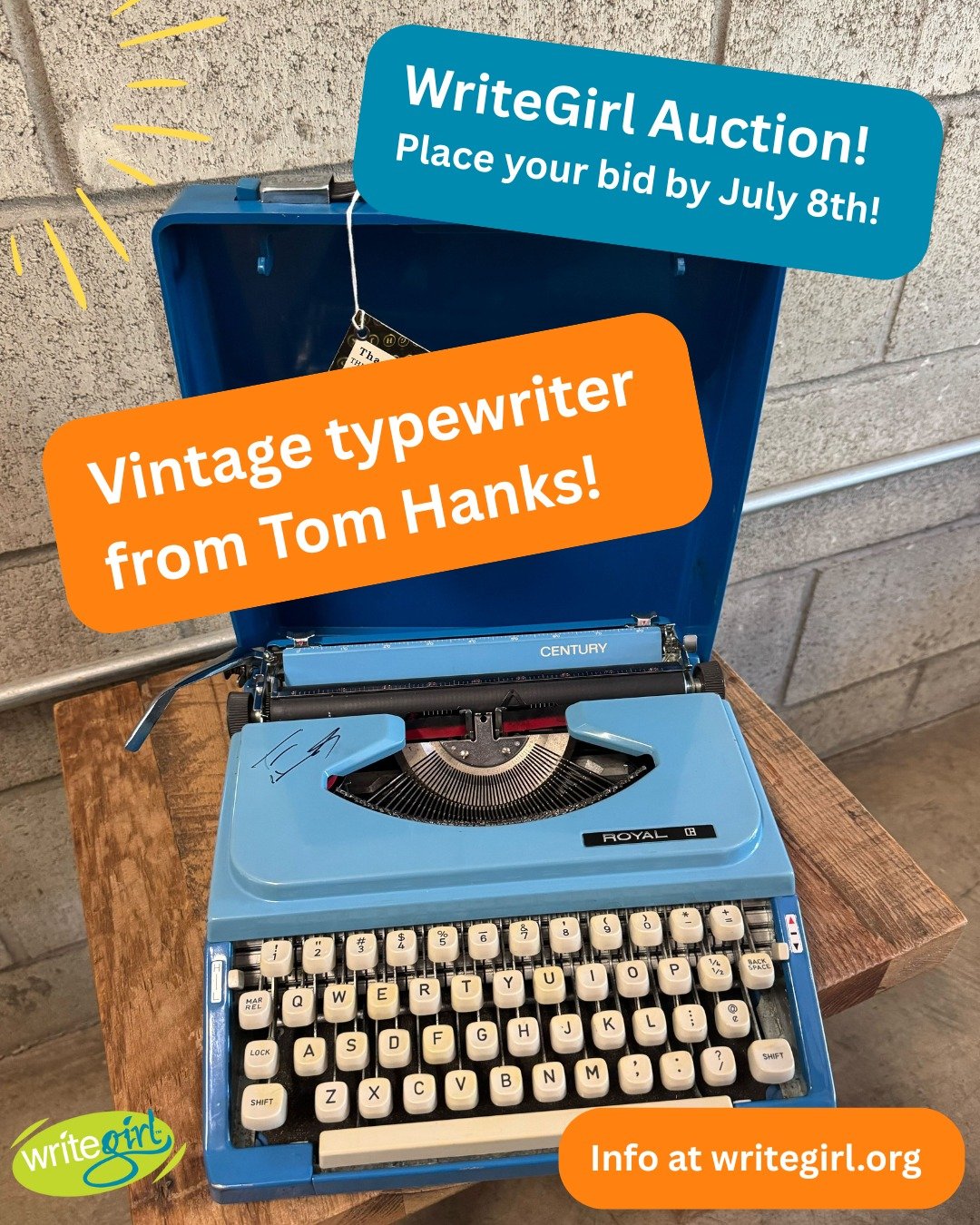 Support WriteGirl by getting yourself a beautiful typewriter from Tom Hanks&rsquo; own collection, autographed by the legend himself! Bidding is now open for the WriteGirl Impact Campaign Auction.

Link in bio!