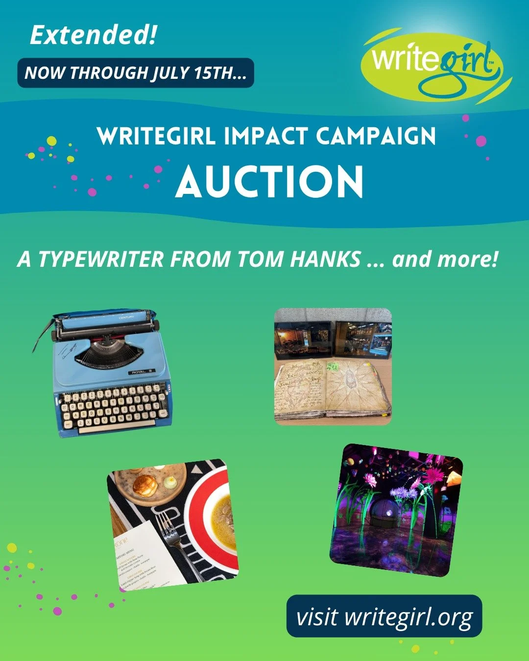The WriteGirl Auction has been extended to July 15th! Support WriteGirl by getting yourself a beautiful typewriter from Tom Hanks&rsquo; own collection (autographed by the legend himself!). Or bid on the ultimate fan pack from the TV show &quot;Charm