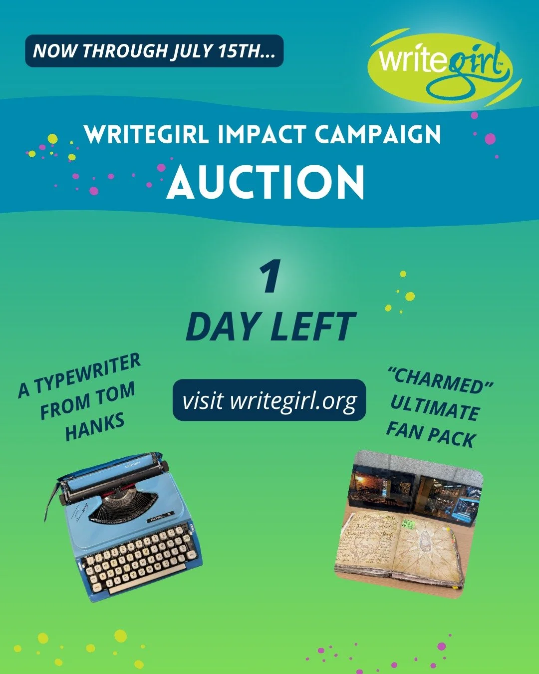 Only 1 day left! Support WriteGirl and score amazing items like a typewriter from Tom Hanks&rsquo; personal collection or the ultimate fan pack from the TV show &ldquo;Charmed&rdquo;! More unforgettable experiences and unique finds available online. 