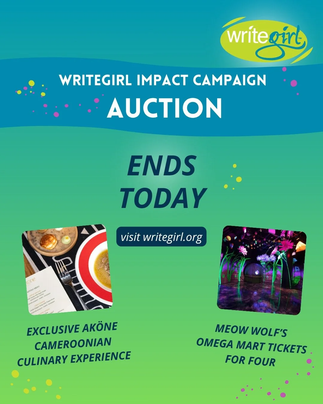 Support WriteGirl and don&rsquo;t miss out on unforgettable experiences like an exclusive Ak&ouml;ne Cameroonian culinary experience or tickets for four to Meow Wolf&rsquo;s Omega Mart in Las Vegas! All items are available to bid on until 6 PM (Pacif