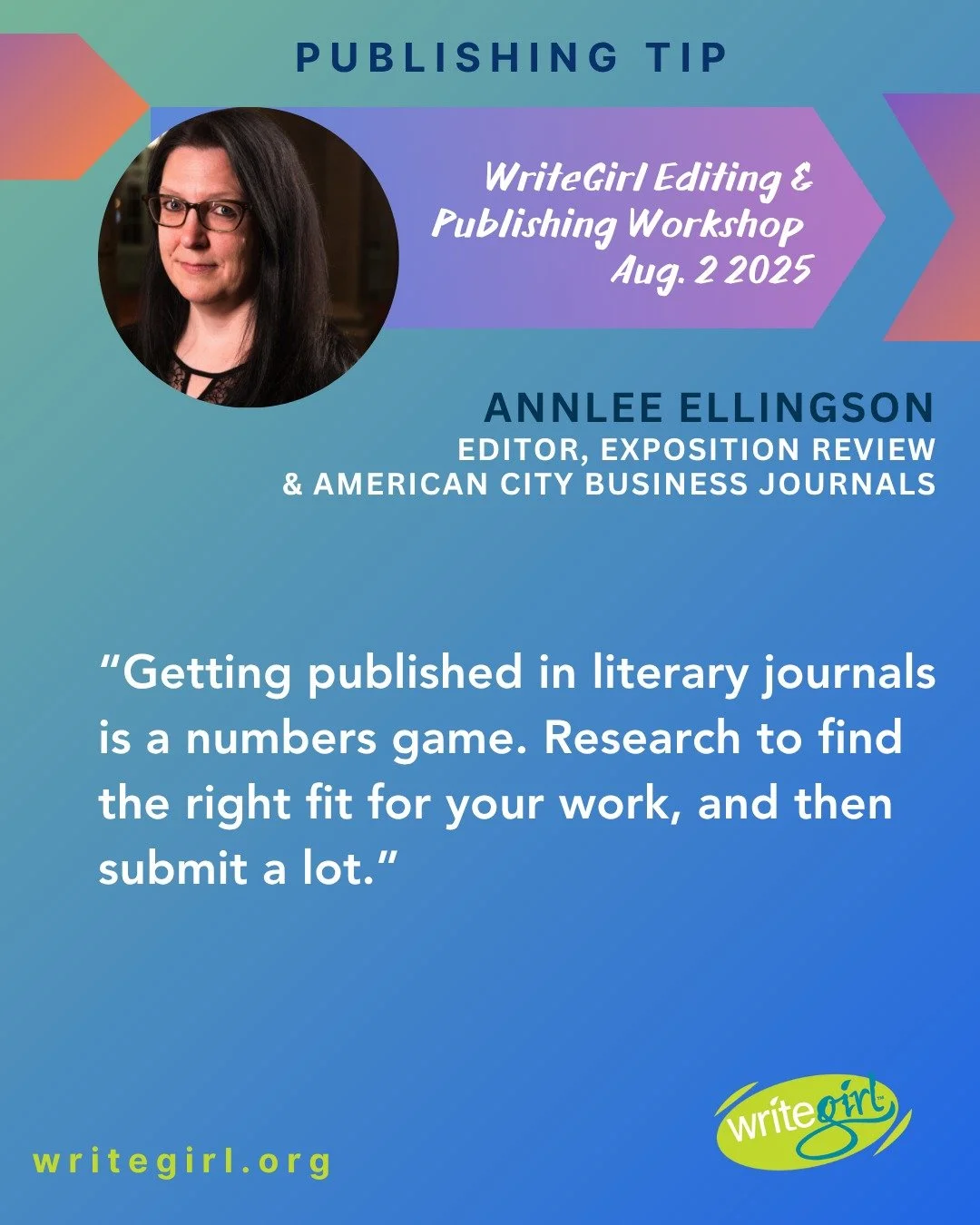 &quot;There's a literary journal for everything!&quot; Annlee Ellingson, editor at @expositionreview and special guest at today's WriteGirl Editing &amp; Publishing Workshop, encouraged our teens and alums to seek out literary journals that focus on 