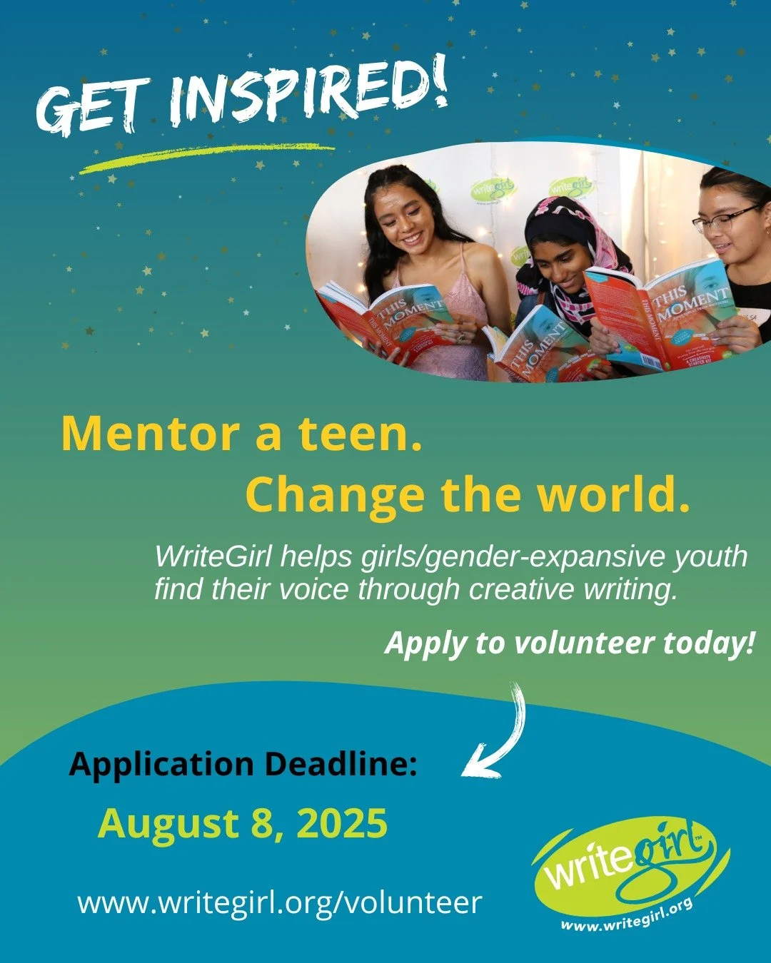 Just a few days left to apply to volunteer with WriteGirl! Join a vibrant community of writers inspiring the next generation! Become a mentor or help behind-the-scenes as a support volunteer! Apply by Friday, Aug. 8th at www.writegirl.org/volunteer.