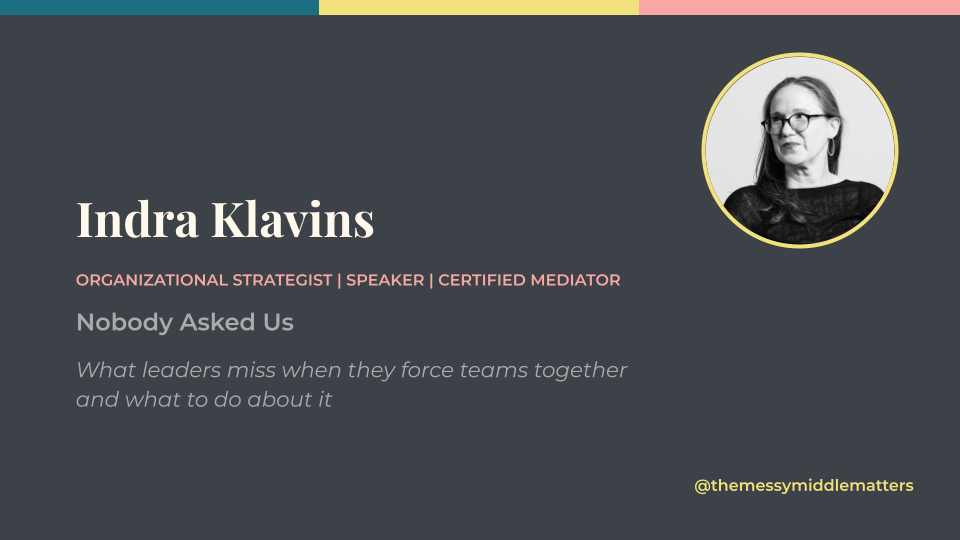 A professional profile slide of Indra Klavins, an organizational strategist, speaker, and certified mediator, with her photo in a circle on a dark background. The slide includes her name, titles, a quote, and her Instagram handle.