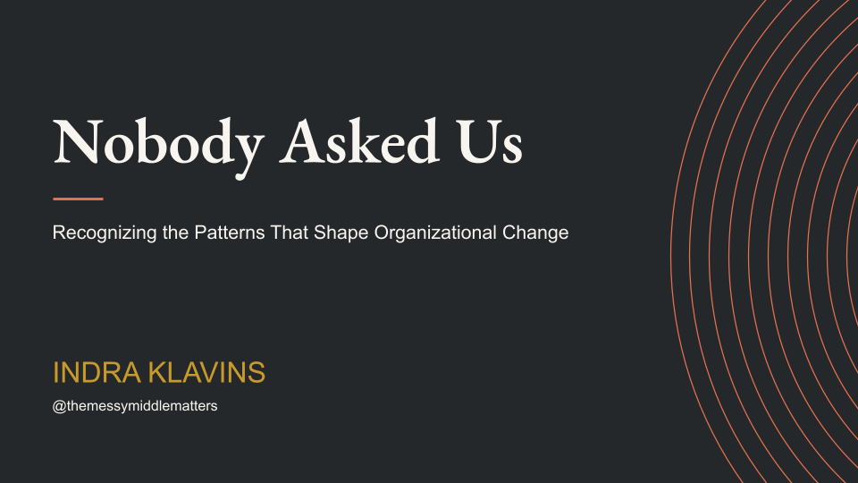 Title slide for a presentation: "Nobody Asked Us" by Indra Klavins, with a subtitle "Recognizing the Patterns That Shape Organizational Change," on a dark background with orange circle lines design on the right.