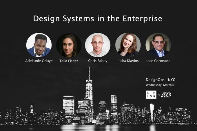 Presentation slide titled "Design Systems in the Enterprise" featuring headshots of five speakers: Adekunle Oduye, Talia Fisher, Chris Fahey, Indra Klavins, and Jose Coronado. The slide includes details about the event, and logos for Lions and ADP against a black background with a city skyline at night.