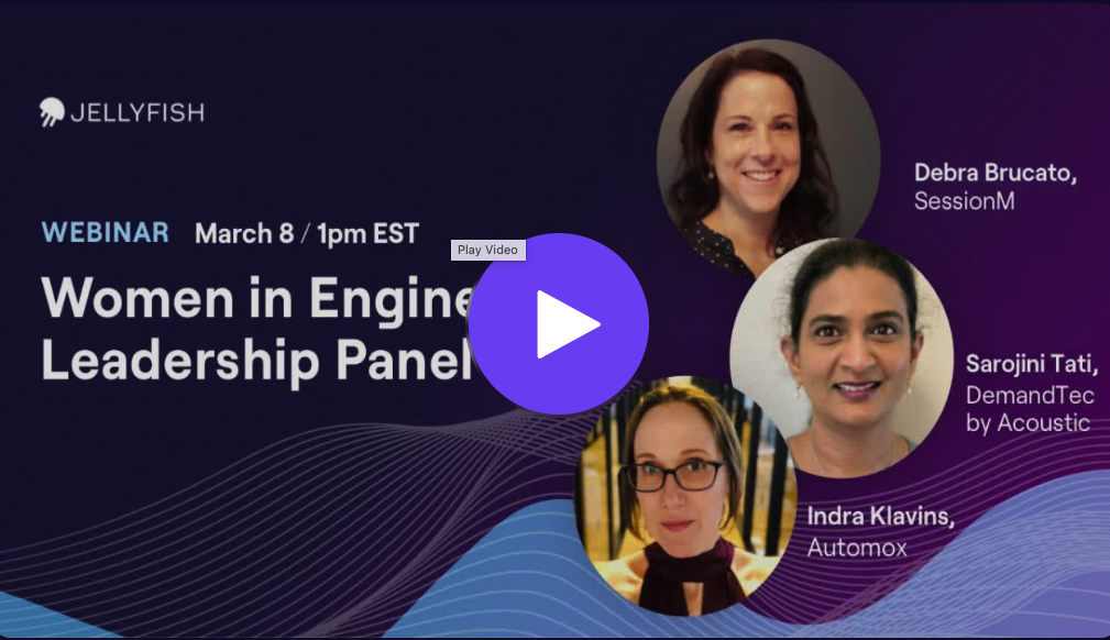 Promotional slide for a webinar titled 'Women in Engineering Leadership Panel' eatures photos and names of three women: Debra Brucato from SessionM, Sarojini Tati from DemandTec by Acoustic, and Indra Klavins from Automox. The background has wave patterns with a dark purple and blue color scheme, and logo of Jellyfish.
