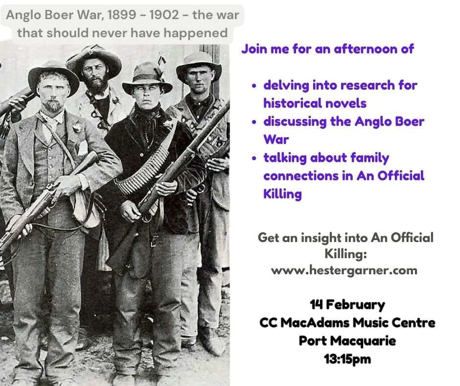 Black and white photo of five men dressed in period clothing, holding rifles and standing together, with a text overlay about the Anglo Boer War and a promotional invitation for an event discussing the war and family connections.