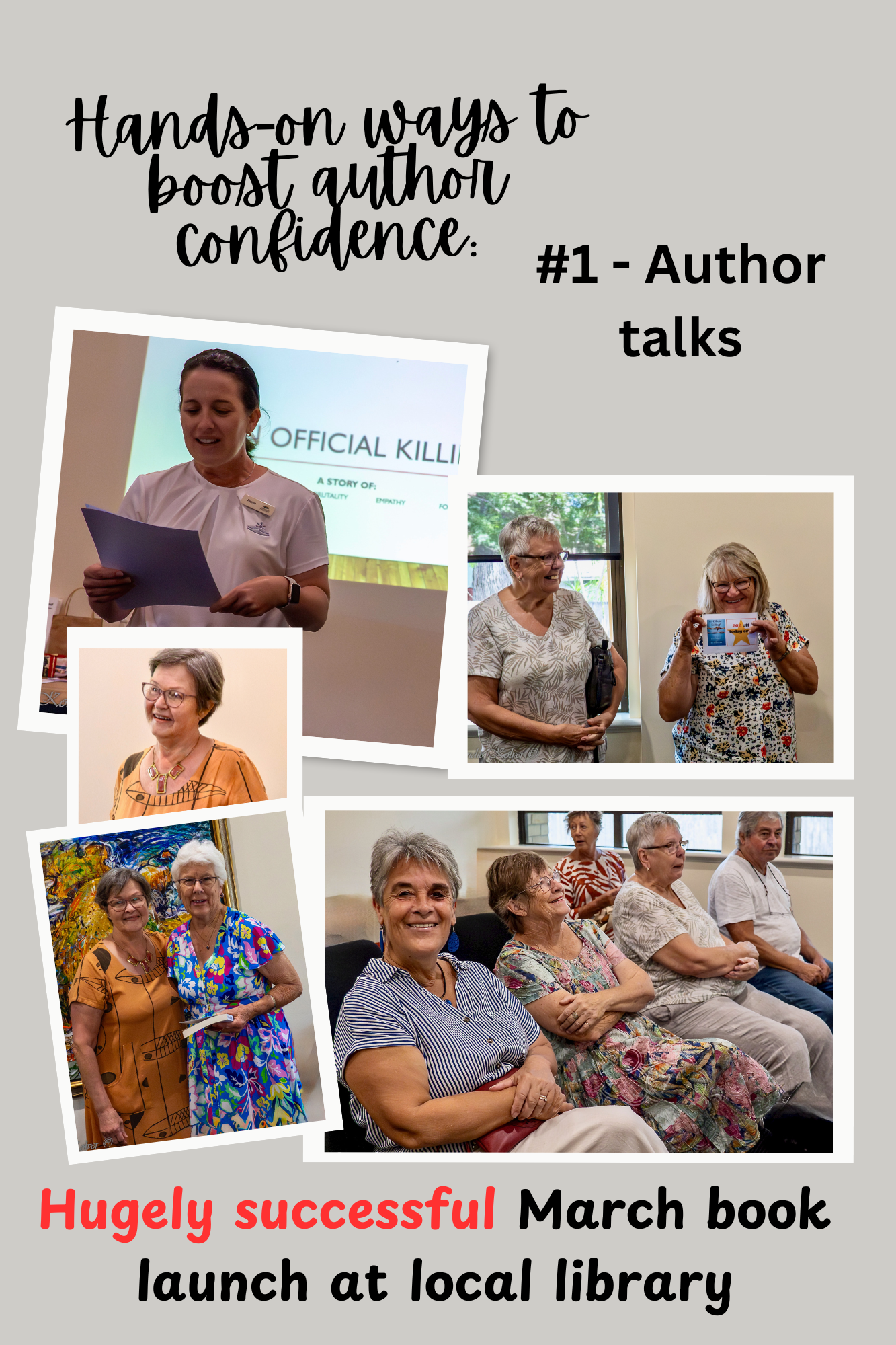 A collage of photos showing a book launch event at a local library with mostly older women. The top part features a woman giving a presentation, with a slide about a story of authenticity and empathy. Several women are smiling, holding books, and sitting together during the event, which is described as successful and happening in March.