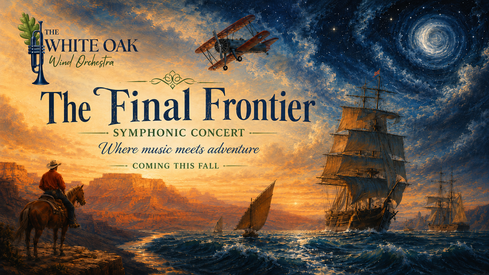 The Final Frontier Symphonic Concert: Where music meets adventure. Coming this fall of 2026. The image depicts several avenues of adventure and exploration, including the cosmos, the skies, the seas, and mountains and rocky cliffs.