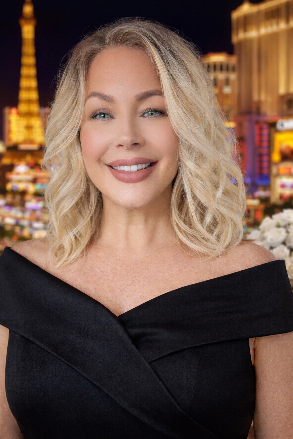 Las Vegas wedding officiant in elegant attire performing a romantic evening ceremony